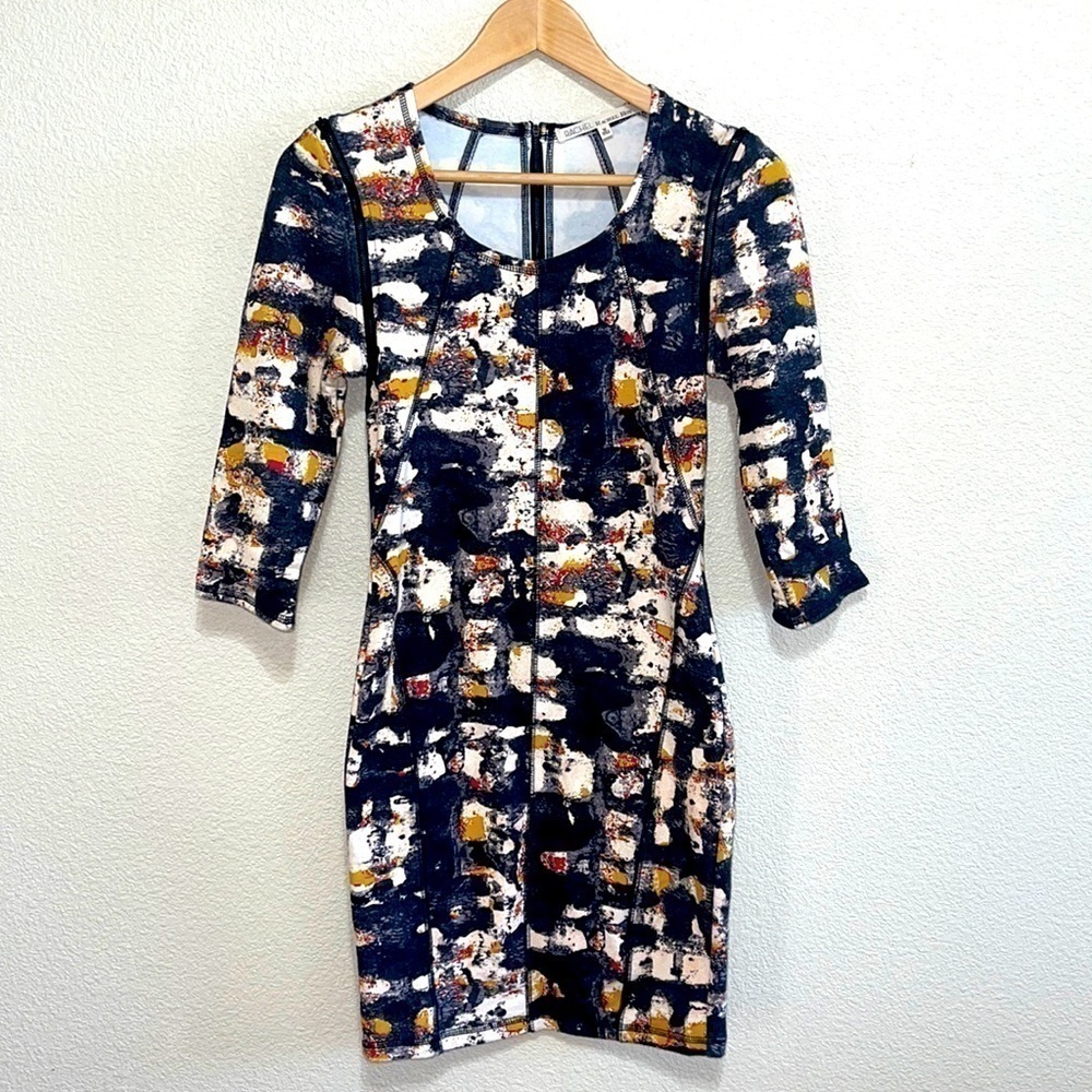 Rachel Roy Woman Art Deco Pattern Textile Long Zipper Sleeve Dress Size M